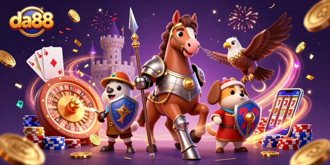 Experience thrilling wins with da88's dynamic gaming scene featuring knights and dazzling casino elements.