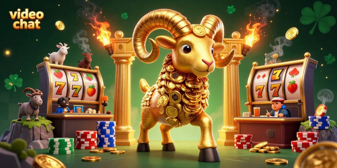 Engage in a thrilling video chat experience with imaginative casino elements surrounding a massive golden ram.