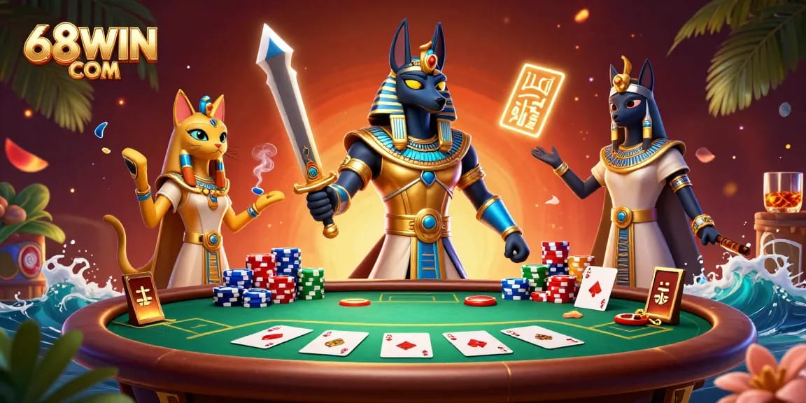 Experience excitement with 68WIN COM through thrilling poker action in a vibrant 3D casino illustration.
