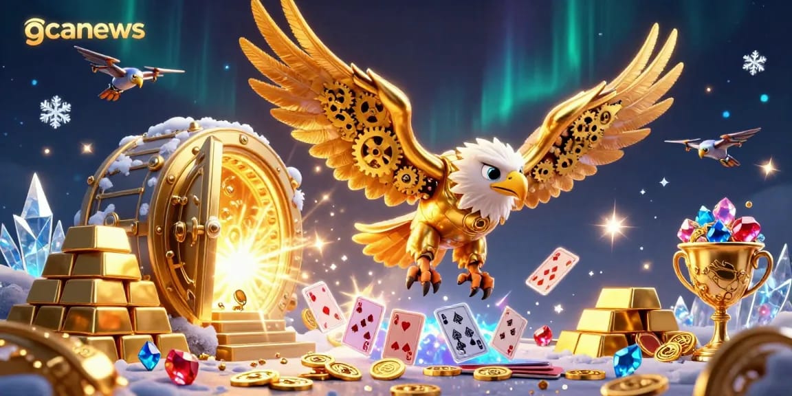 Engage in thrilling gameplay with gcanews featuring a golden eagle amid holographic cards and treasure.