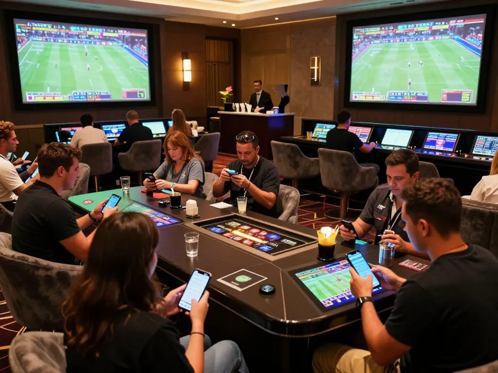 Witness keonhacai sports betting excitement with lively guests celebrating wins in a premium casino setting