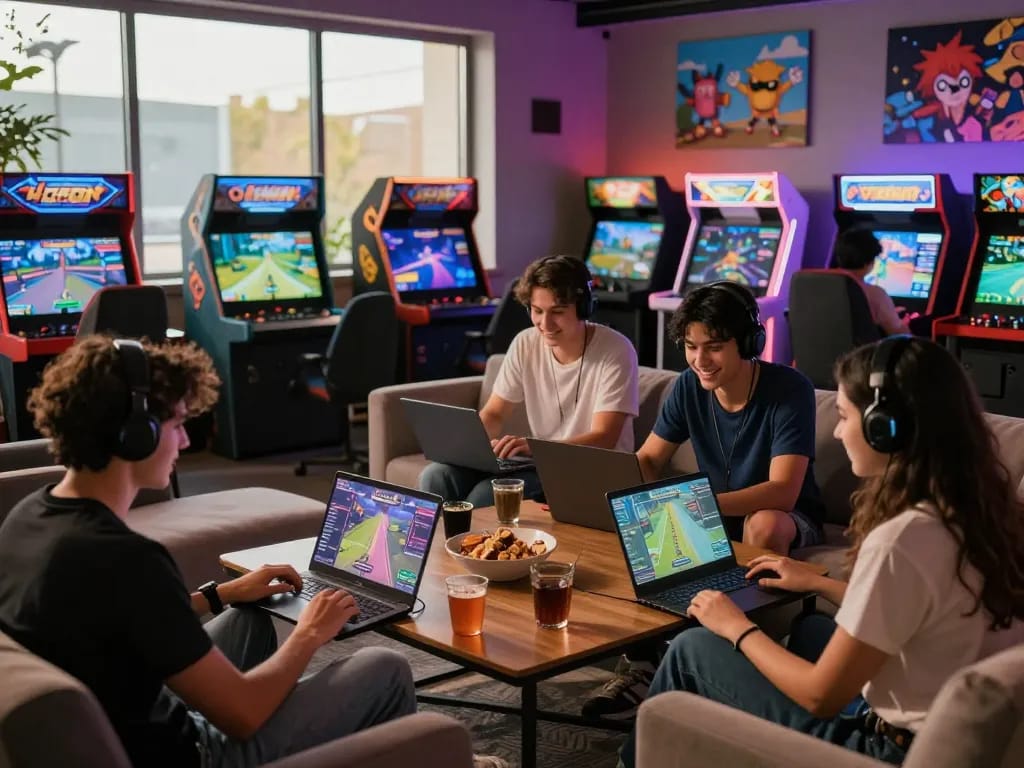 Engaging gaming scene showcasing friends enjoying 789P GG in a vibrant lounge.