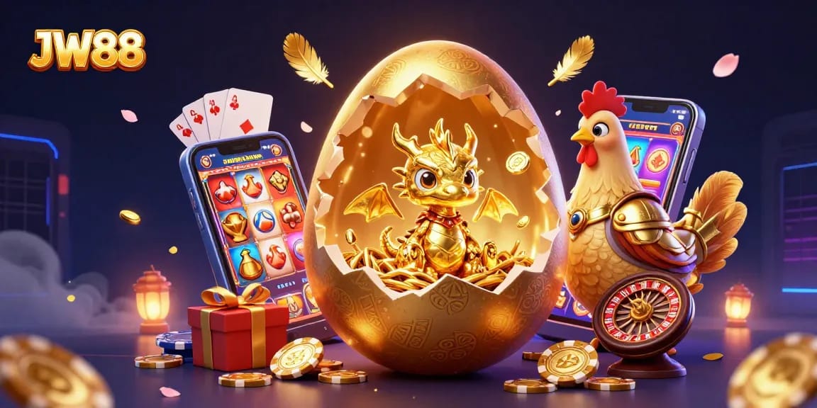 JW88 captures the excitement of betting with a golden dragon and vibrant casino elements