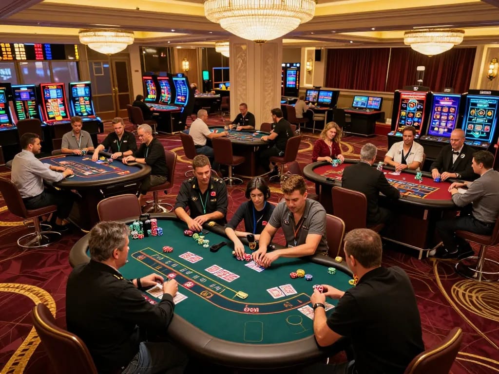 Experience the excitement at https://www.mnm88.com/ with dynamic casino floor gameplay featuring engaging poker tables and players.