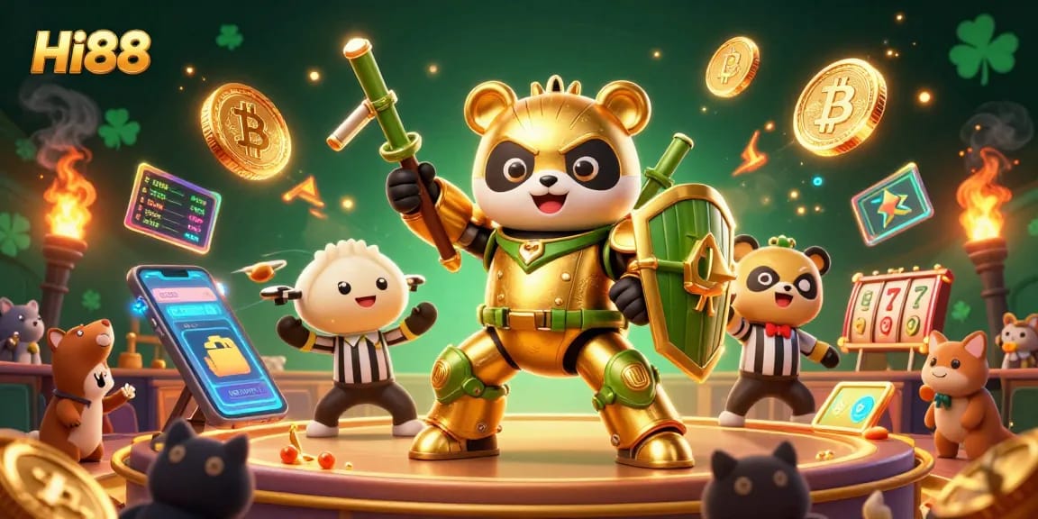 Engage in thrilling gaming action at Hi88, featuring dynamic 3D illustrations of panda piloting a robot.