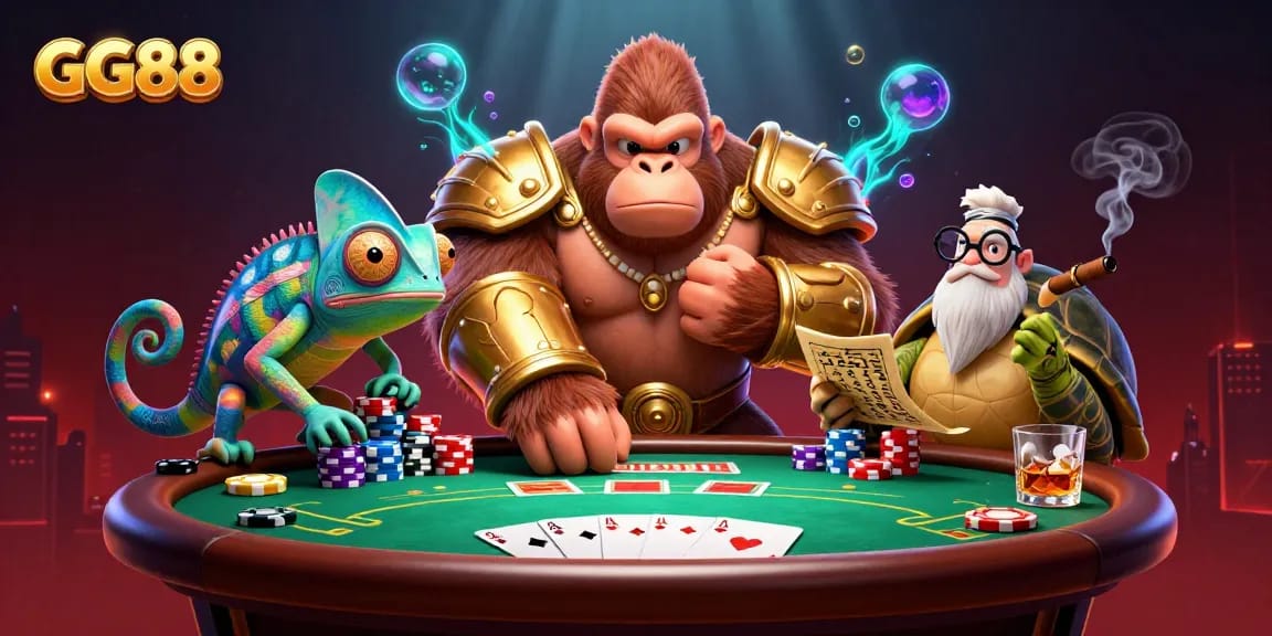 Engage in thrilling poker action with GG88 as characters battle on a vibrant casino stage.