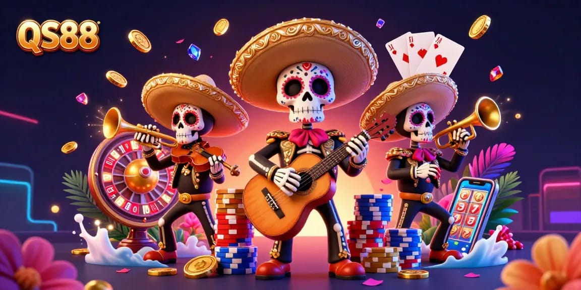 Engage with QS88's thrilling casino experience featuring vibrant mariachis, golden coins, and spinning roulette.