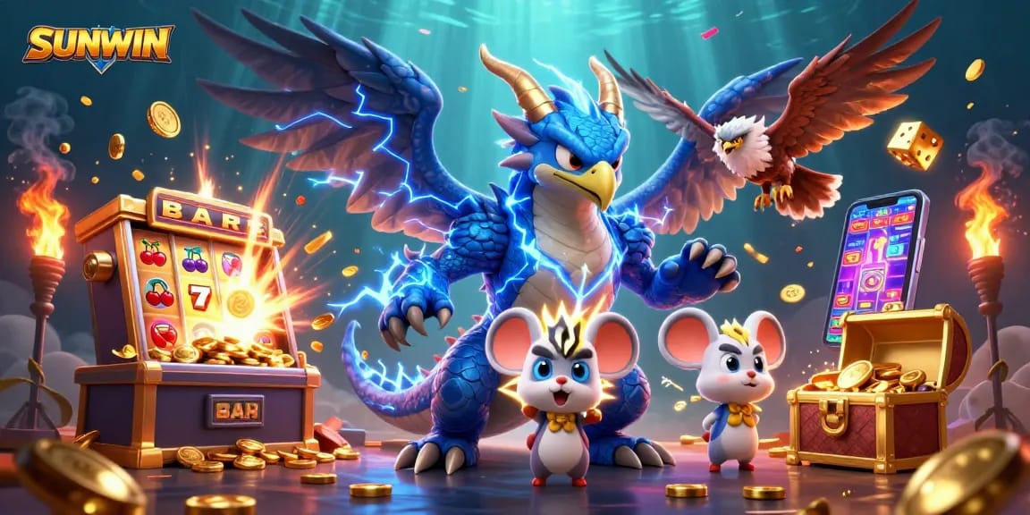 SUNWIN slot adventure with a thunder dragon and jackpot explosion in a vibrant casino scene.