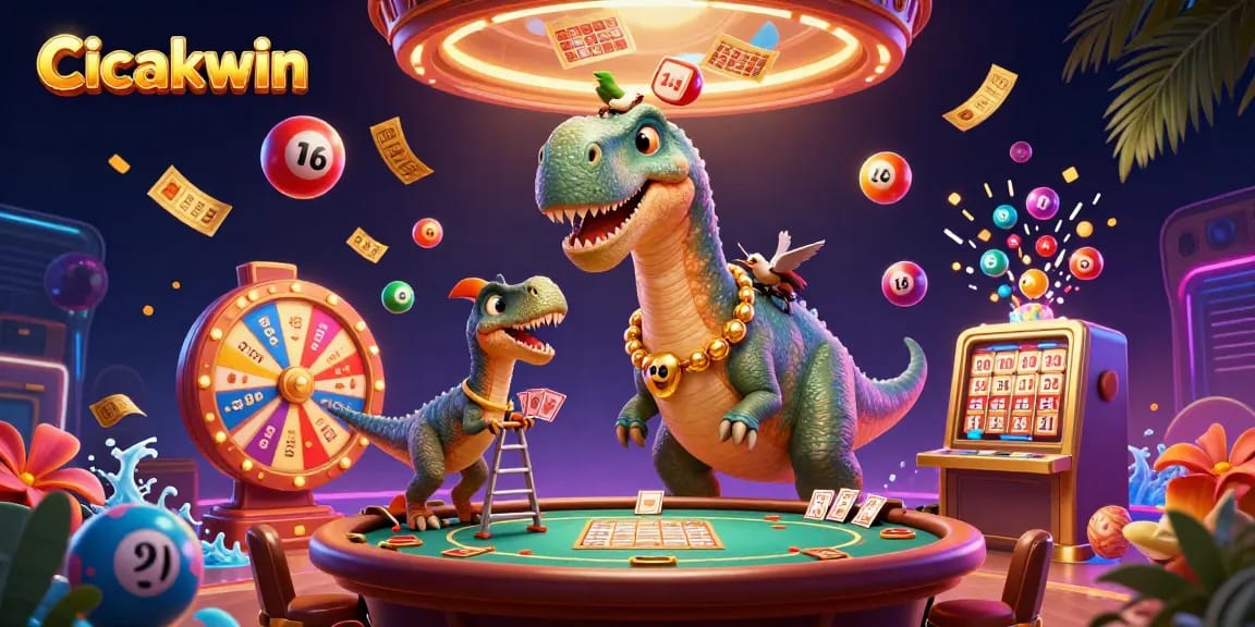 Cicakwin delivers exciting gameplay with a brontosaurus above a bustling poker table and vibrant casino elements.