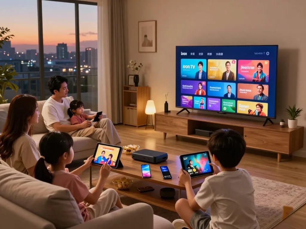 Famille profitant du streaming Iron TV dans un salon confortable avec du contenu vibrant affiché.