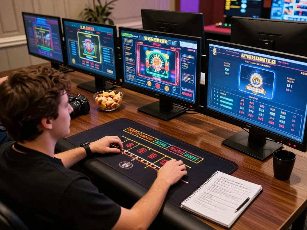 lmhistory showcases an immersive online casino gaming setup with a player engaging on multiple screens.