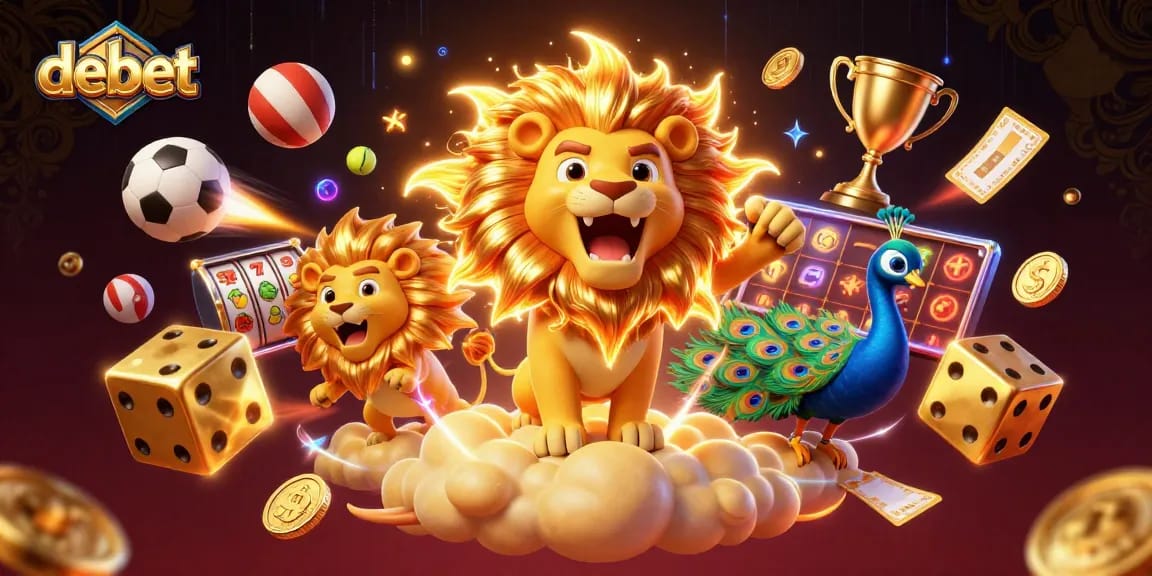 Engage in epic gambling adventures with Debet's exciting 3D lion illustration and dynamic casino elements.