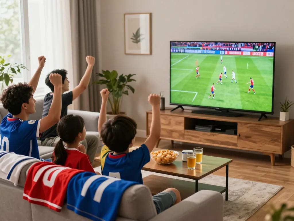 Exciting scene from luongson117.tv as fans enjoy a live football match in a cozy living room.