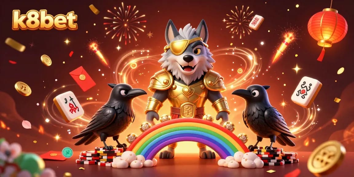 K8bet captivates with a vibrant, 3D illustration of Norse mythology characters amidst energetic casino elements.