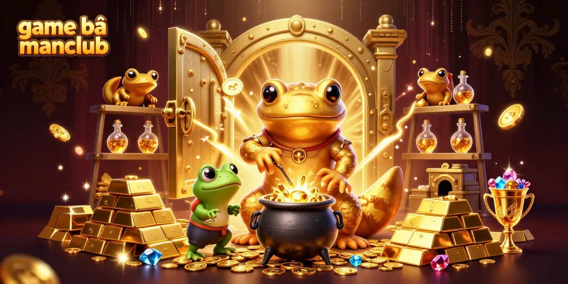 Engage in game bài manclub with a vibrant 3D illustration of golden alchemist characters surrounded by treasure.