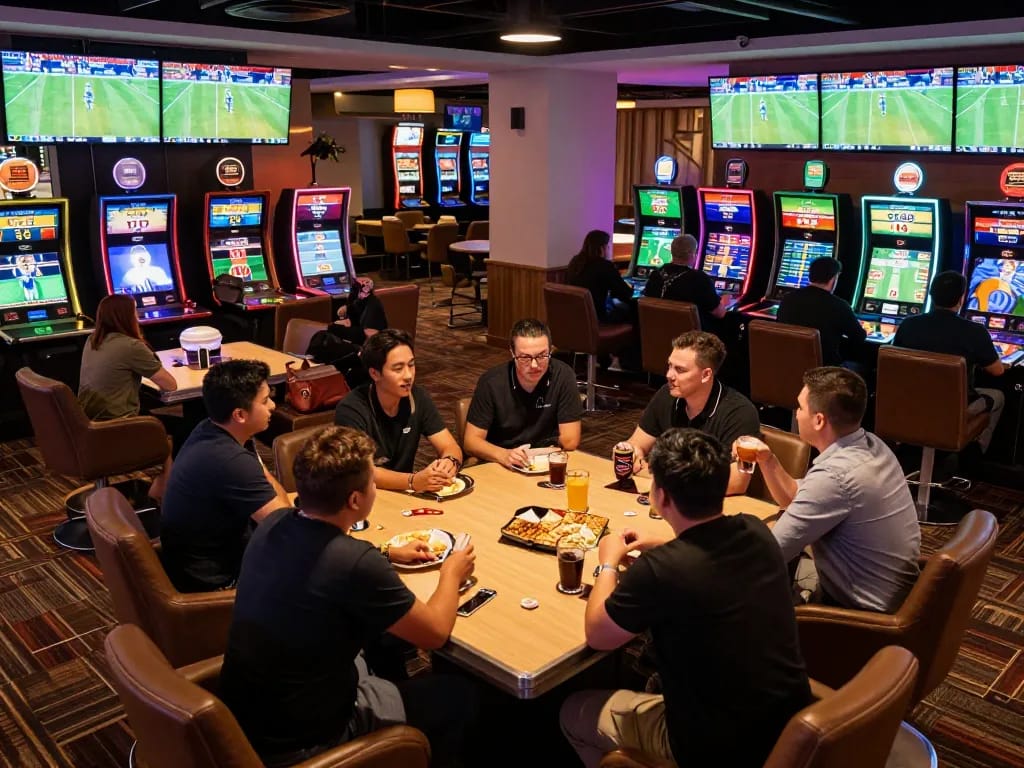 Excited group discussing debet betting options in a stylish sports lounge, vibrant casino atmosphere.