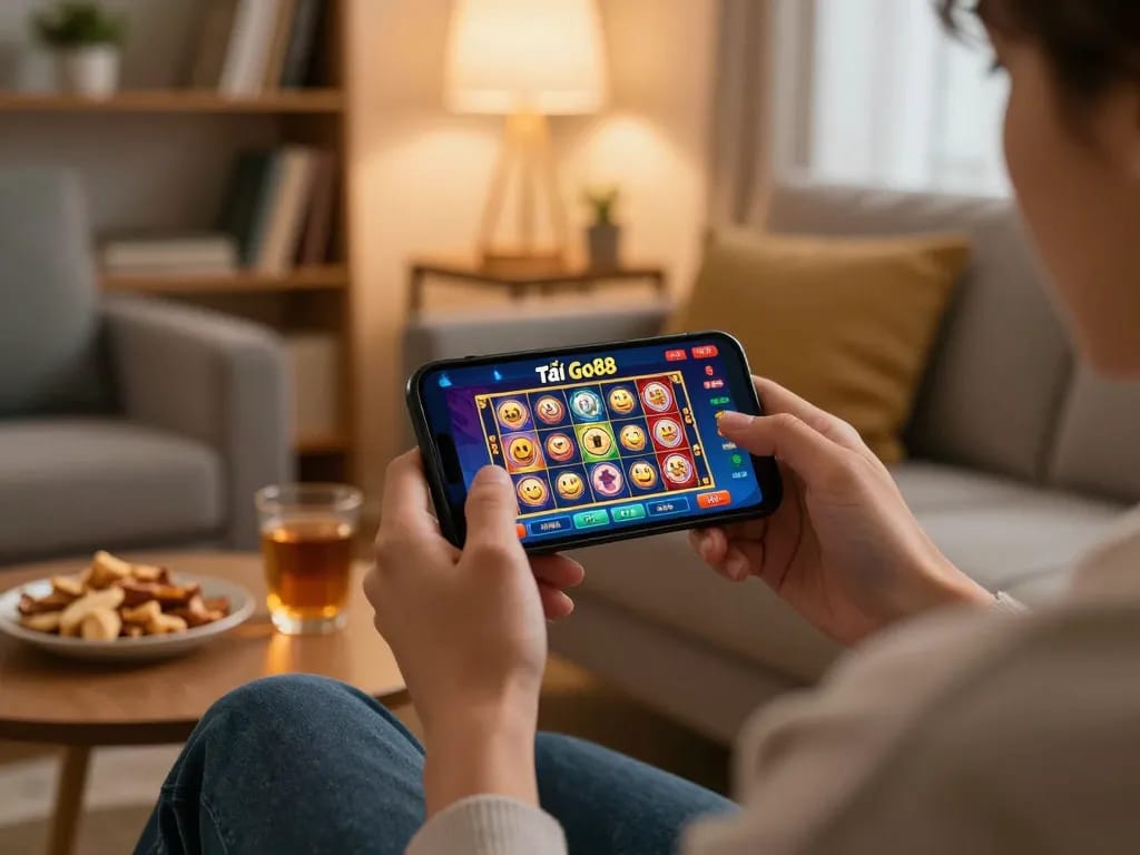 Tải Go88 displayed on a smartphone for mobile gaming, with user engaged in casino games.