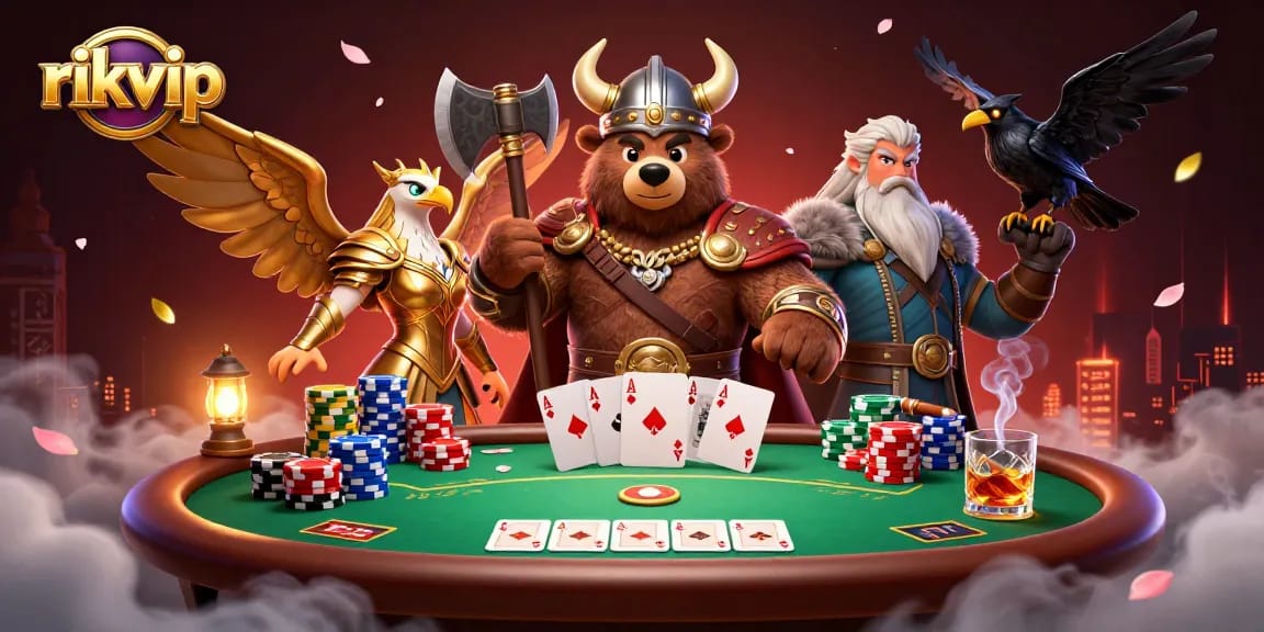 Engage in thrilling games at rikvip with a Viking berserker and Valkyrie eagle at a vibrant poker table.
