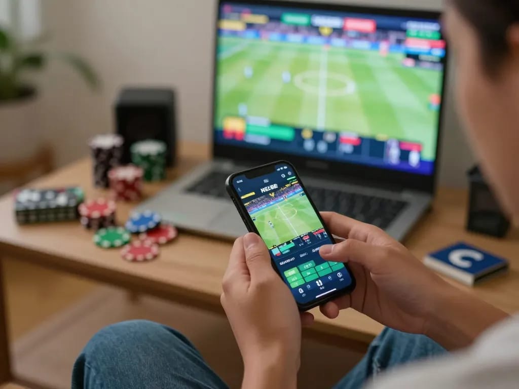 Engaging sports bettor placing live bets on smartphone while using net88 during a game