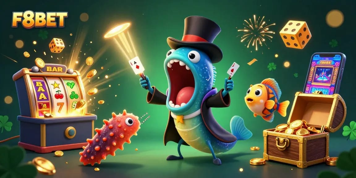 Experience F8BET's exciting casino world with vibrant characters and jackpot games in this 3D illustration.