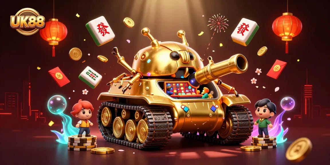 Win big at UK88 casino with a massive golden beetle tank showcasing a miniature gaming wonderland.