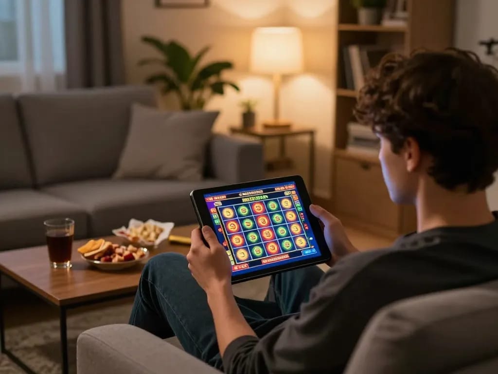 เพลิดเพลินกับดูหนังออนไลน์ฟรีบนแท็บเล็ตในขณะที่เล่นเกมอย่างรับผิดชอบในบรรยากาศห้องนั่งเล่นที่อบอุ่น