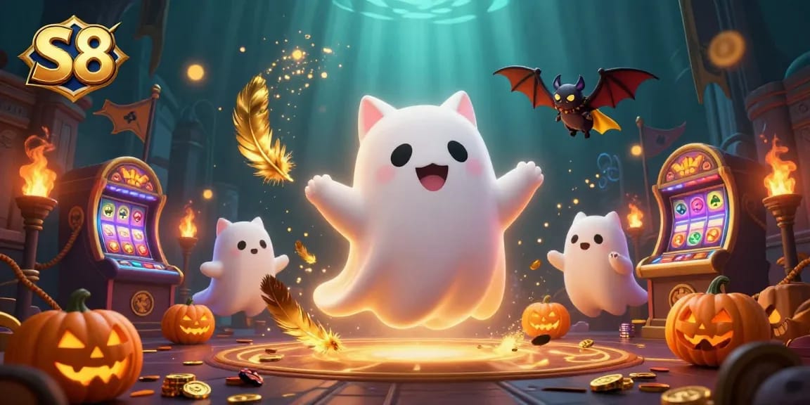 Experience thrilling slots at S8 with vibrant visuals of an engaging casino scene featuring a ghost cat.