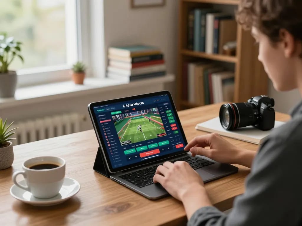 Tỷ lệ kèo nhà cái displayed on a tablet during an online betting session in a cozy home environment