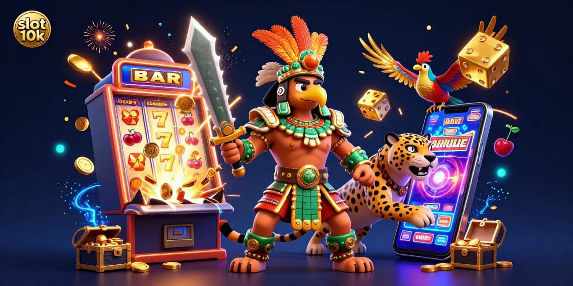 Win big with slot 10k in this vibrant 3D illustration showcasing Aztec warriors and casino excitement!