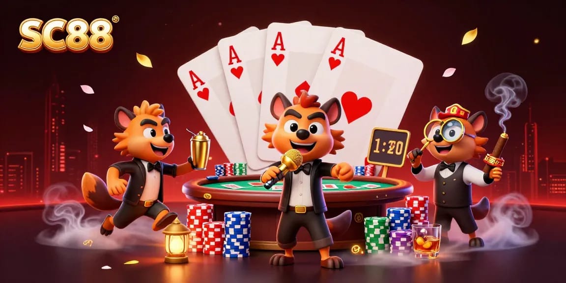 SC88 comedy casino scene with hyenas featuring poker table, vibrant colors, and lively atmosphere.