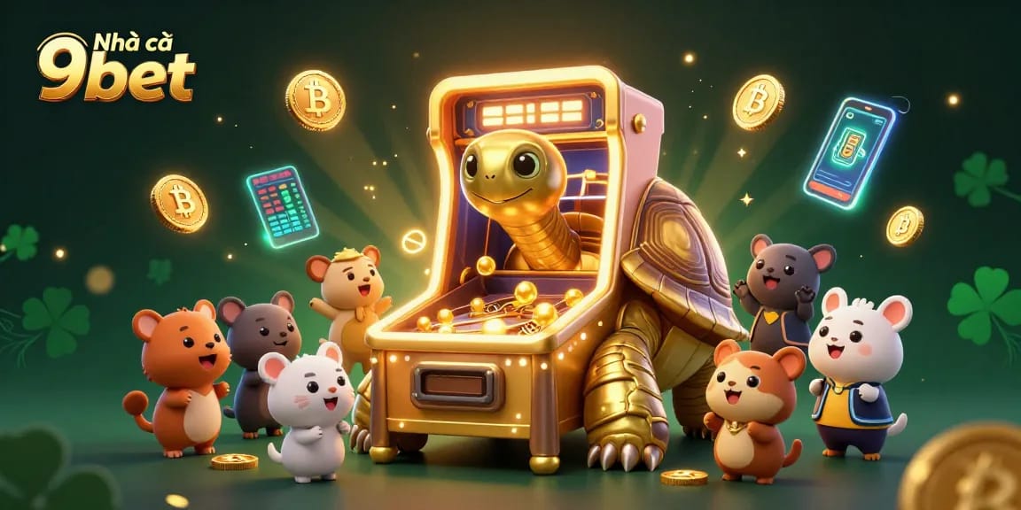 Play exciting casino games with Nhà cái 9bet featuring a vibrant 3D illustration of a golden tortoise pinball machine.