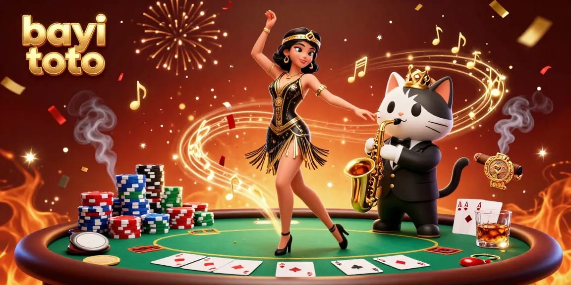 Join the excitement at bayi toto with a dynamic scene of casino gaming, colorful poker chips, and lively characters.
