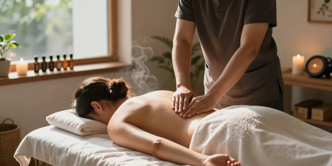 1인샵에서 전문적인 마사지 관리사와 고객의 편안한 마사지 장면