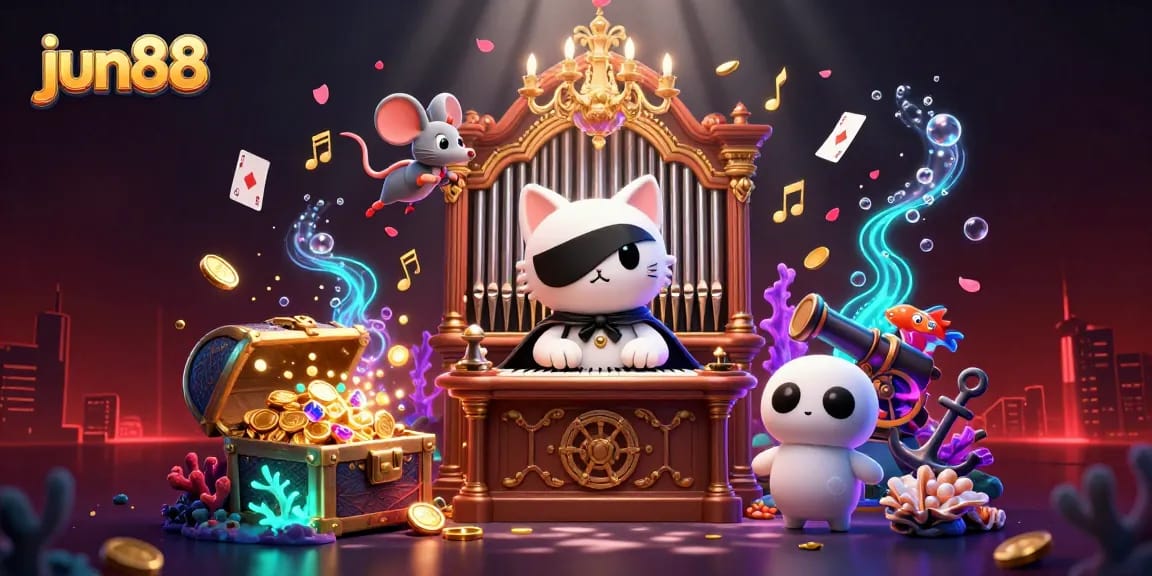 Experience the excitement of jun88 online casino with a vibrant scene of floating gold coins and animated characters.