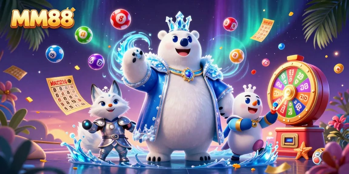 MM88 engages players with dynamic lottery games in a vibrant 3D animated casino scene.