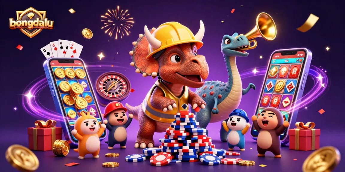 Engage with bongdalu's colorful gambling scene featuring a triceratops and gaming elements.