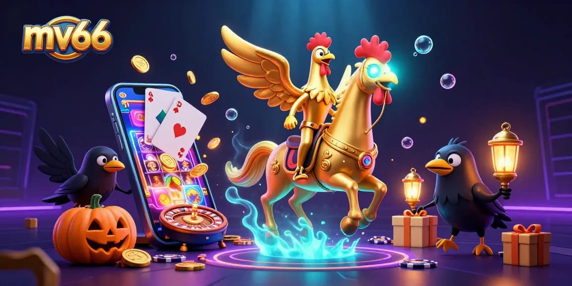 Experience mv66's vibrant casino scene with a golden rooster and dynamic slot game elements.