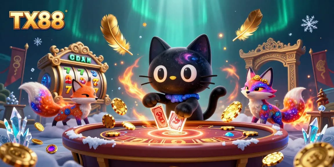 Experience TX88's cosmic casino adventure with a black hole cat and nebula fox pulling in golden chips.