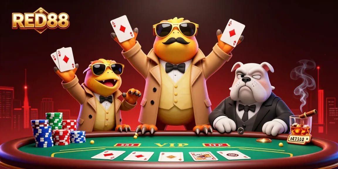Raptors sneak into RED88 casino, surrounded by poker chips and huge winnings.