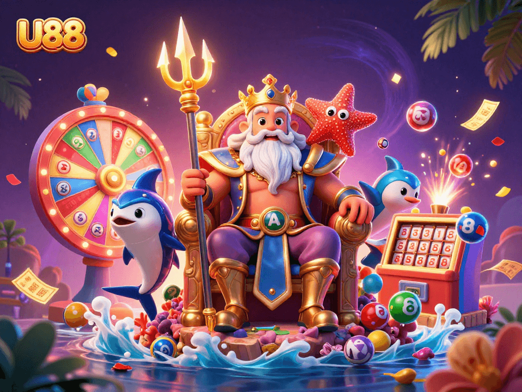 Experience U88 with lively lottery action led by Neptune and friends in a captivating 3D scene.