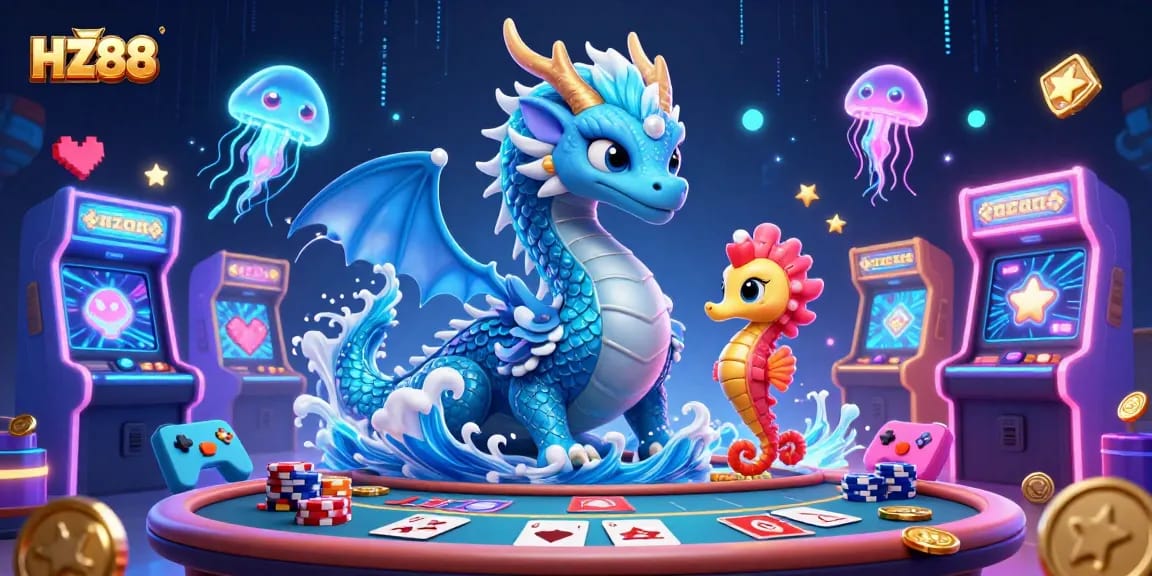 Experience the excitement at HZ88 with vibrant visuals of dragon gaming, neon jellyfish, and casino elements.