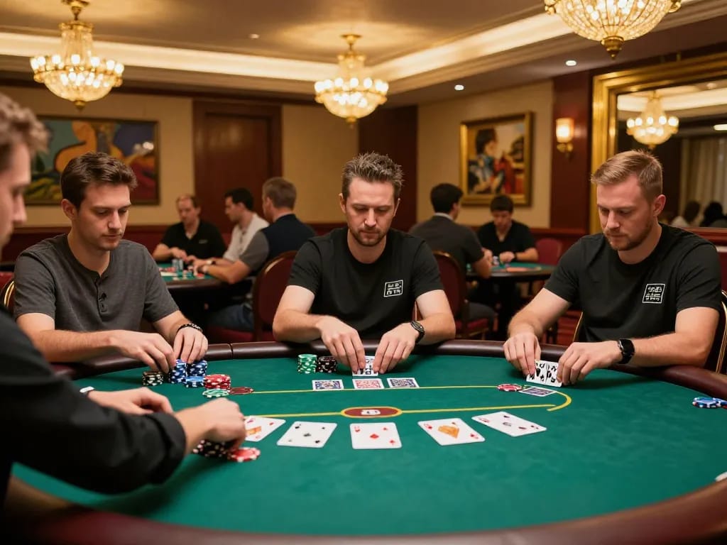 rokok88 expert players engaging in a high-stakes poker game illuminated by warm casino lighting