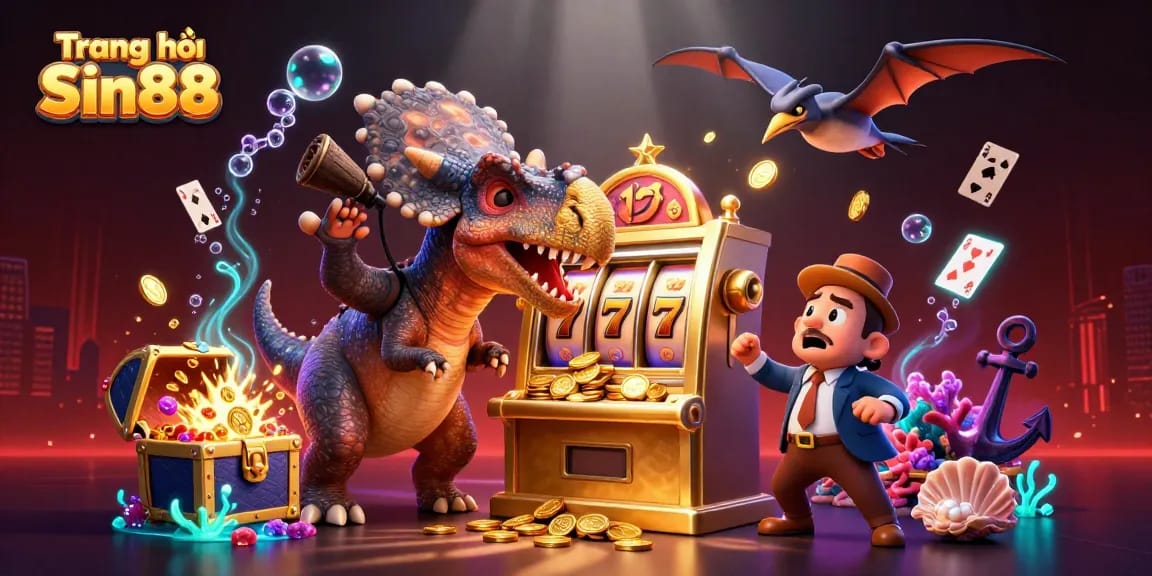 Win big at Trang chủ Sin88 with thrilling jackpot spins surrounded by casino excitement, featuring playful dinosaurs.
