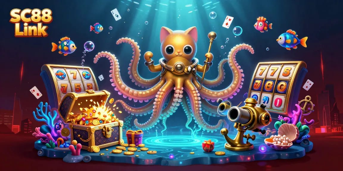 Experience thrilling adventures at SC88 Link with a colossal kraken and a diving cat amidst random slot elements.