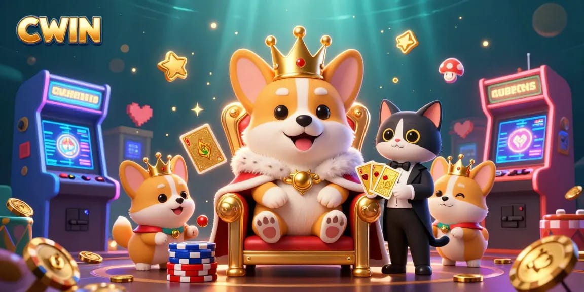 CWIN features a royal corgi on a poker chip throne surrounded by gaming excitement