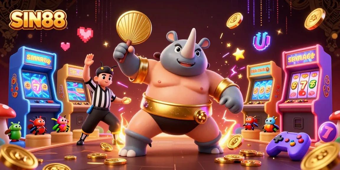 Experience the excitement of SIN88 with a rhinoceros beetle champion amidst festive casino elements.