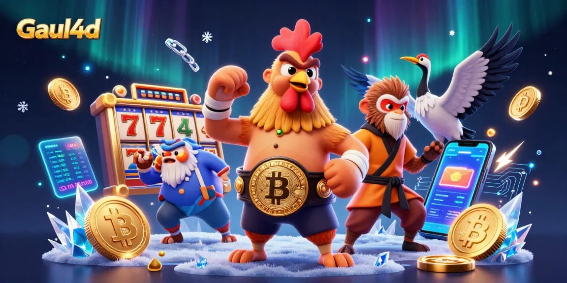 Experience Gaul4d's thrilling slot gaming with a vibrant 3D illustration of dynamic characters and casino elements.