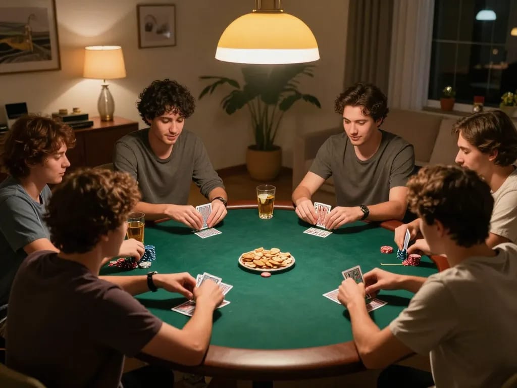 Friends playing poker during a cozy game night, highlighting the excitement of uu88 gaming strategies.