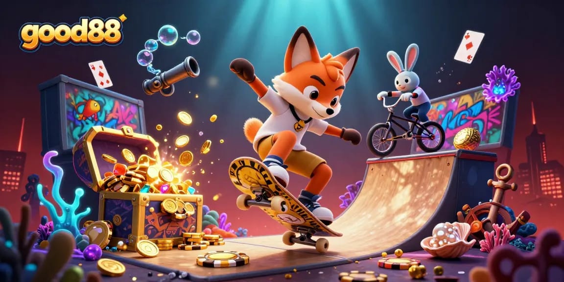 Watch a skateboarder fox doing tricks at good88, showcasing a vibrant casino-themed scene filled with treasures.