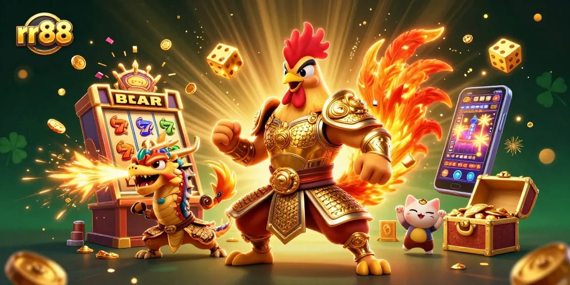 Experience thrilling jackpots at rr88 with a vibrant illustration of a rooster warrior and dragon in a dynamic casino scene.